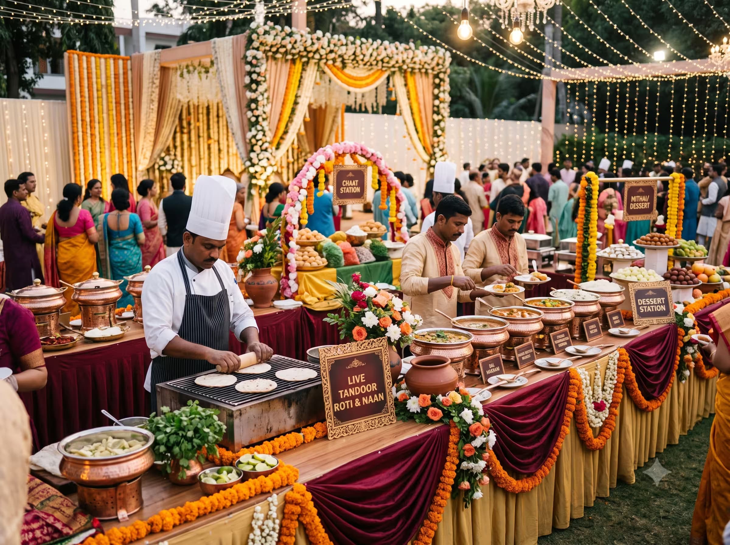 Vegetarian wedding buffet with decorated counters