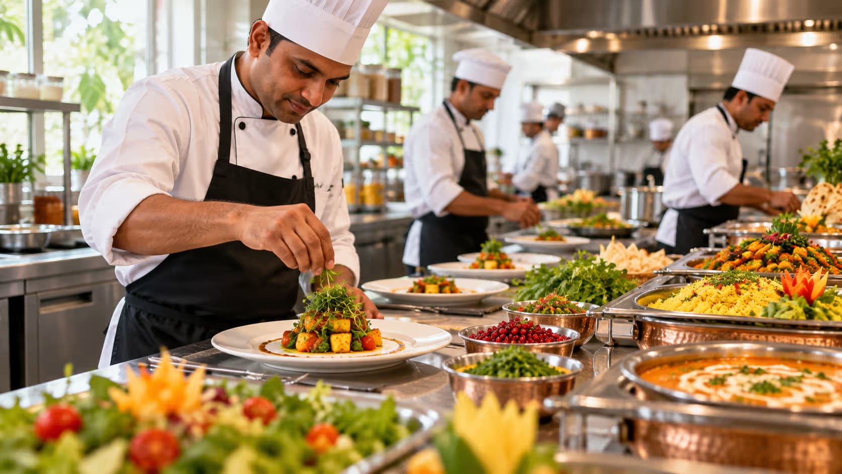 Catering team preparing vegetarian dishes in the kitchen